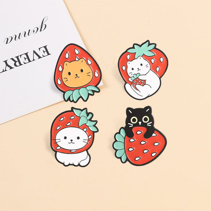 Wholesale Cute Cat Strawberry Fruit Metal Brooch Pin For Girls Holiday Gift