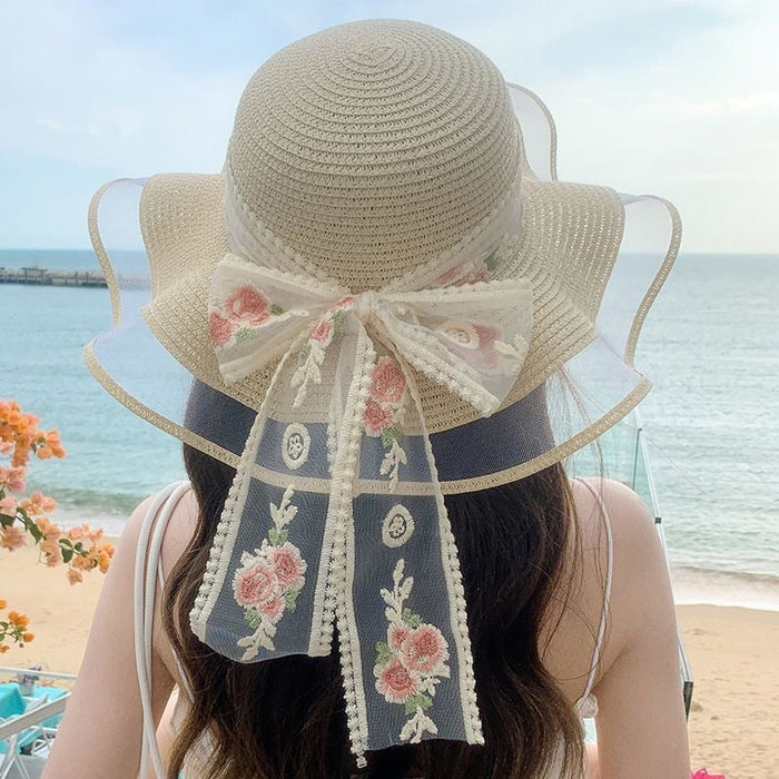 Wholesale Flower ribbon sun hat, sun hat, large brim straw hat