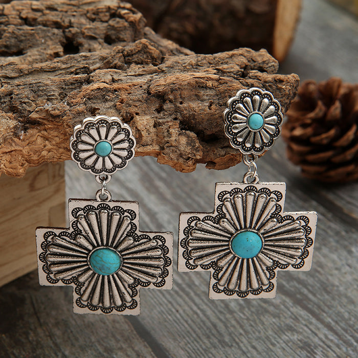 Wholesale Earrings Independent Station New Retro Turquoise Earrings Exaggerated Cross Carving Metal Earrings