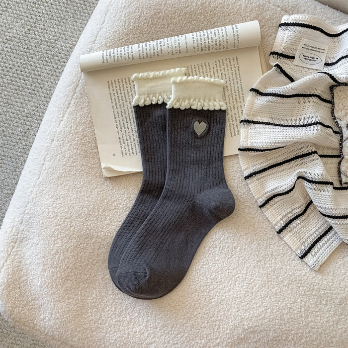 Wholesale New socks with children's embroidery, love heart, women's tube socks, versatile, college style, double-layer lace stacking socks