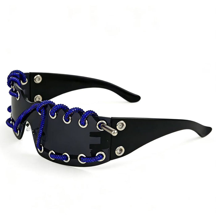 Wholesale Cyberpunk Rimless Rhinestone Sunglasses with Metal Rings and Rivets