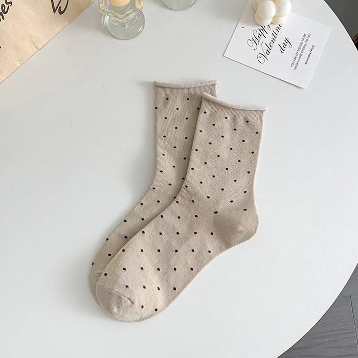 Wholesale Curled edge polka dot socks, mid tube socks, anti odor and sweat absorbing, summer thin style, spring and autumn breathable pile socks