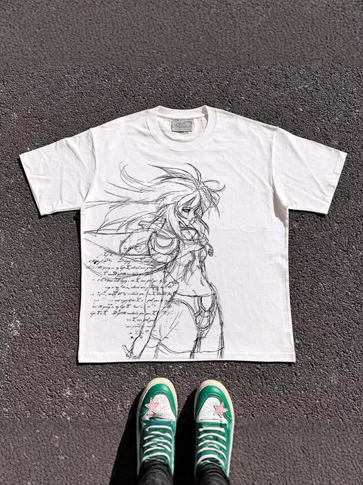 Wholesale Oversized Anime Line Art Print Short-Sleeve T-Shirt