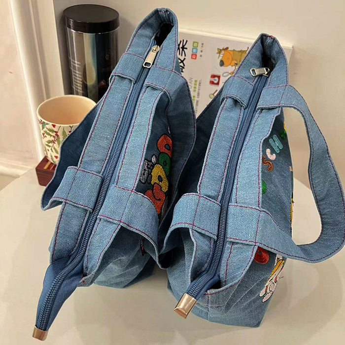 Wholesale Cartoon embroidery washed denim large capacity handbag student cute handbag bucket lunch bag