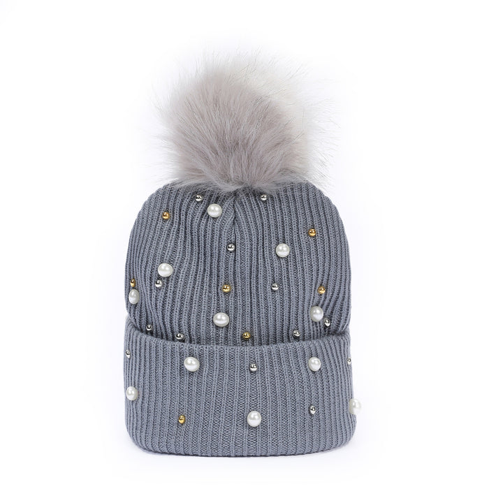 Wholesale Studded Pearl Knit Hat Pom-Pom Hat Outdoor Casual Warm Hat Breathable and Warm