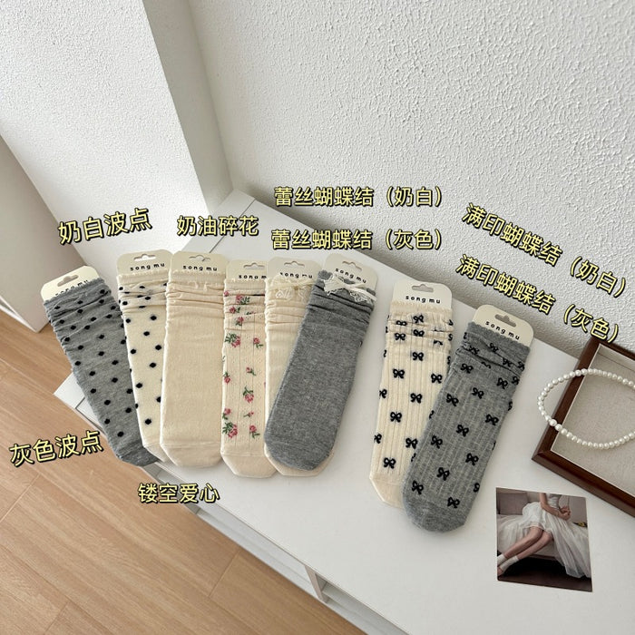 Wholesale Mesh bow socks, mid tube socks, pure cotton breathable long socks