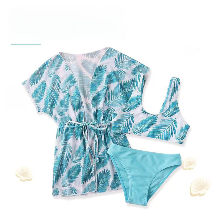 Wholesale Children's split swimsuit with waist cinching, sun protection print, girls' swimsuit