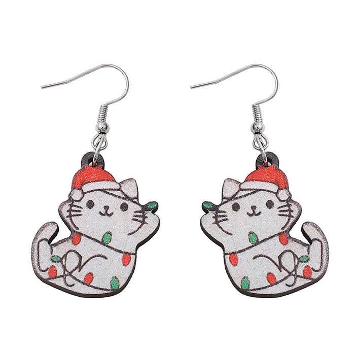 Wholesale Christmas Lights Cat Pendant Wooden Earrings