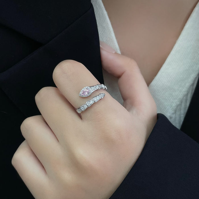 Wholesale S925 Sterling Silver Light Luxury Flash Diamond Snake Ring Unique Pink Zircon Finger Ring Exquisite
