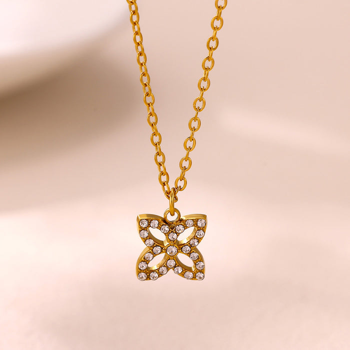 Wholesale Four-Leaf Clover Rhinestone Jewelry Set Stainless Steel Earring Necklace Ring Set