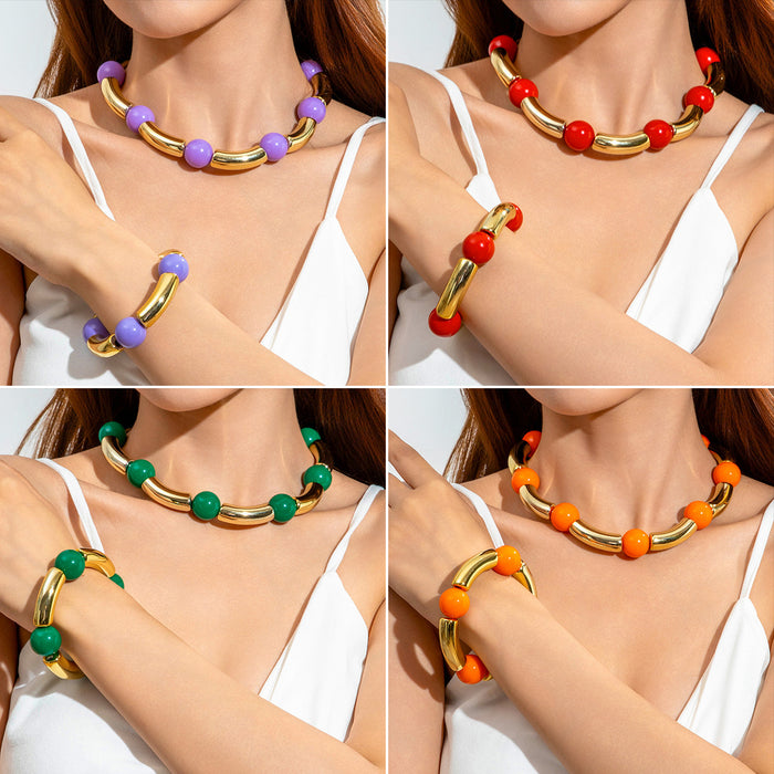 Wholesale Fashionable Geometric Contrast Color Curved Tube Bead Jewelry Set Plastic Boutique Resale Accessory MOQ≥2