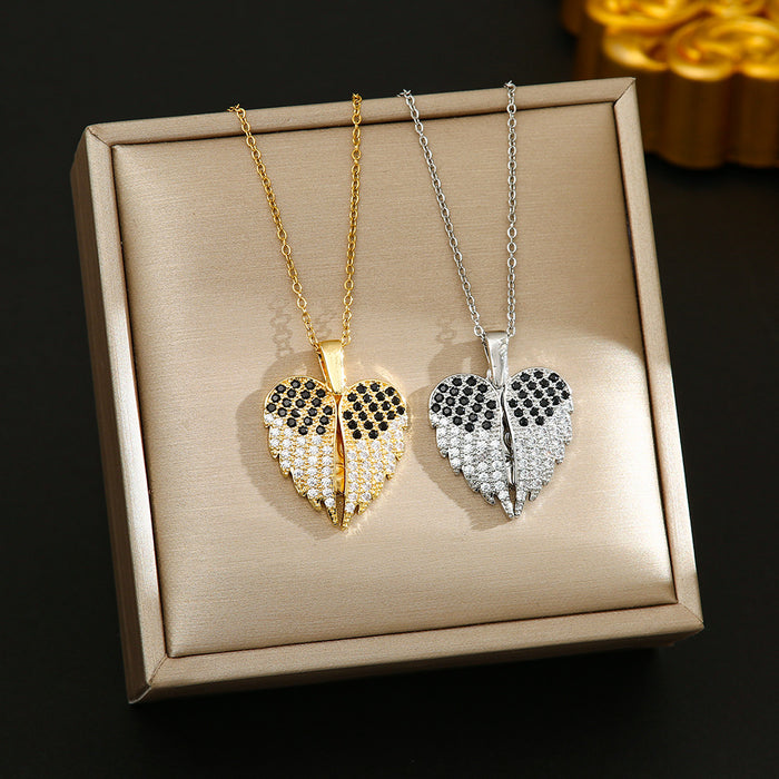 Wholesale Two-wing heart-shaped diamond-encrusted stainless steel necklace