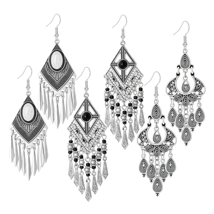 Wholesale Retro Palace Geometric Hollow Tassel Earrings Set Beaded Bohemian Style MOQ≥2