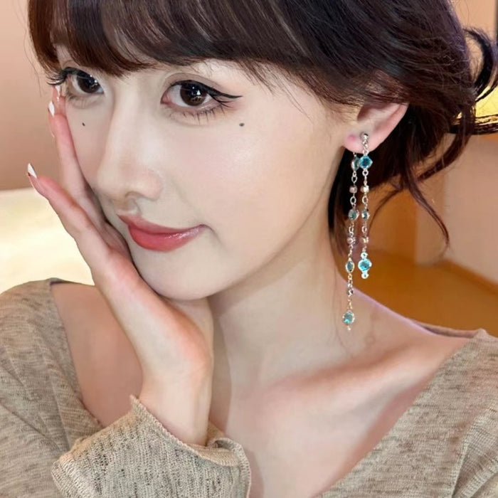 Wholesale Glacier blue crystal tassel earrings long style, light luxury and versatile design earrings