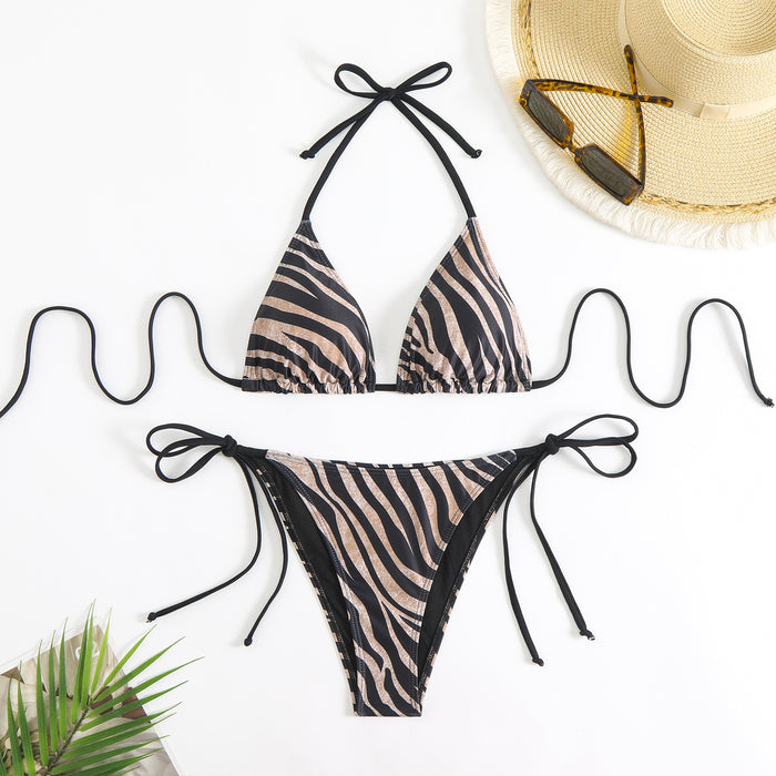 Wholesale Zebra stripe tie neck bikini triangle bag split swimsuit