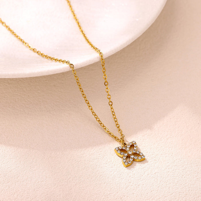 Wholesale Four-Leaf Clover Rhinestone Jewelry Set Stainless Steel Earring Necklace Ring Set