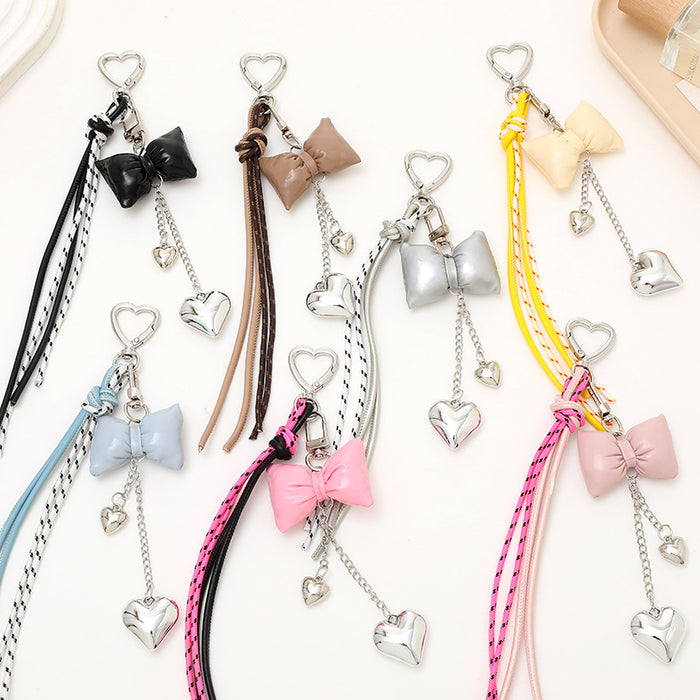 Wholesale Leather bow heart pendant luggage keychain lanyard accessories single buckle tassel pendant accessories