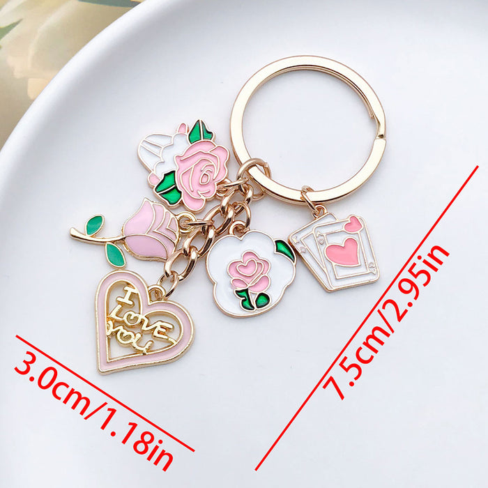 Wholesale Cute pink heart-shaped rose potion metal  keychain