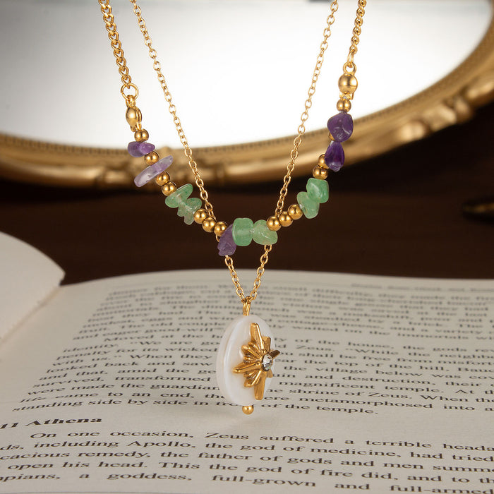 Wholesale Double layered natural stone necklace made of stainless steel with a high-end feel and titanium steel locking chain