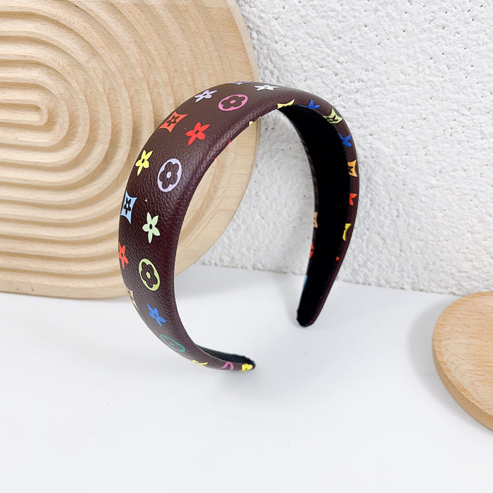 Wholesale Retro temperament headband leather color printed grid wide edge headband hair accessory simple face washing pressure hair accessory hair clip