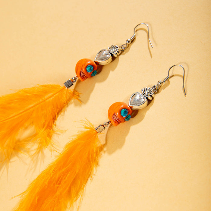 Wholesale Orange Feather Earrings Skull Pumpkin Design Jewelry Accessory MOQ≥2