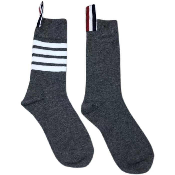 Wholesale Socks men's and women's mid length gray four bar striped pure cotton calf socks