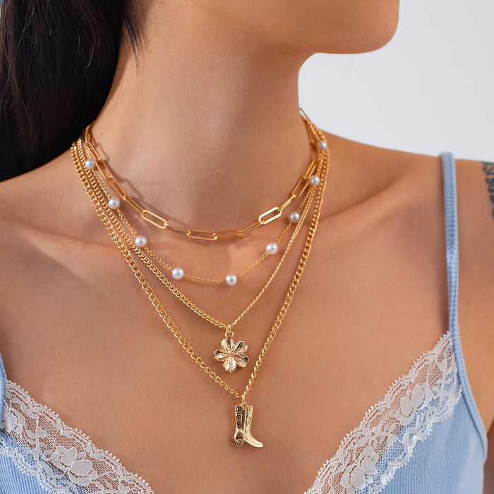 Wholesale Multi layer imitation pearl necklace set retro bead collarbone chain shell pendant