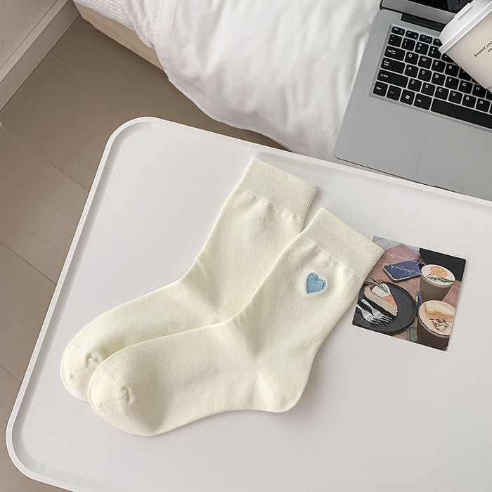 Wholesale Socks, cotton socks, mid tube socks, heart-shaped embroidered pile socks, double ribbed spliced long socks, anti odor boneless cotton socks