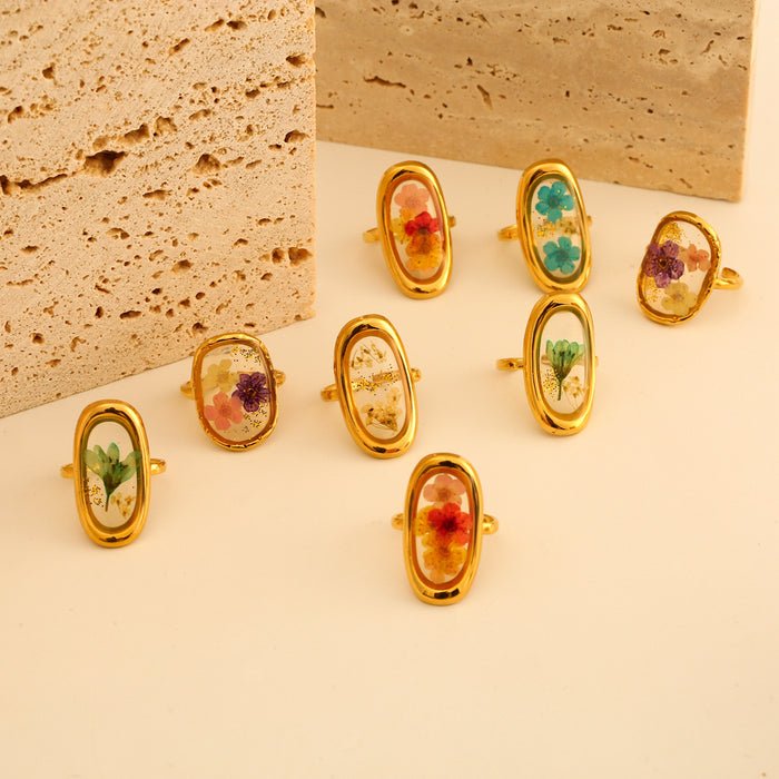 Wholesale Fashionable stainless steel dried flower ring with adjustable opening, retro style multi-color flower ring, color preservation wholesale