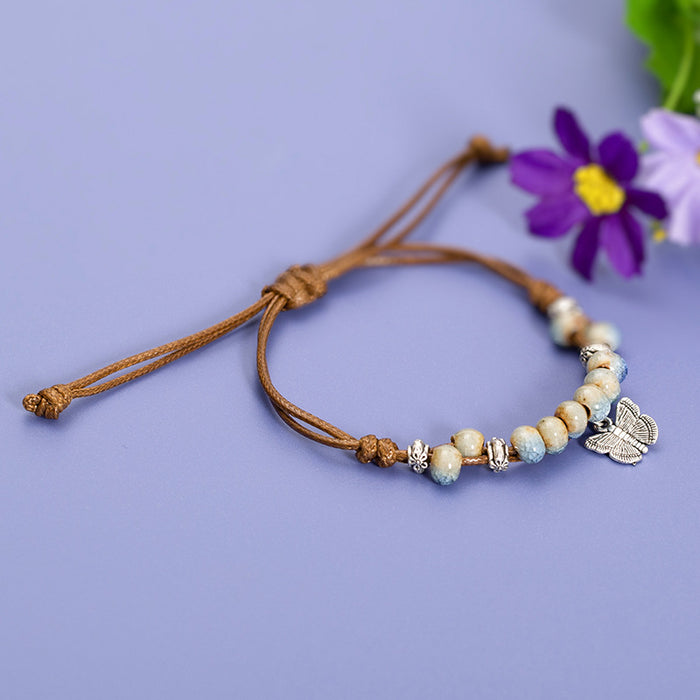Wholesale Retro braided ceramic butterfly bracelet artistic hand rope jewelry