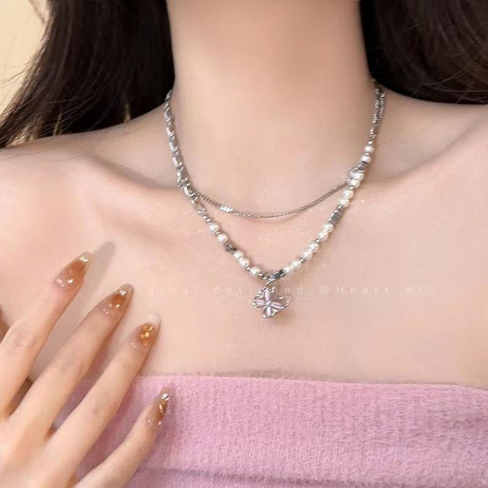 Wholesale New Zircon Pearl Cat Eye Stone Butterfly Necklace Double layered Pendant Clavicle Chain Beads