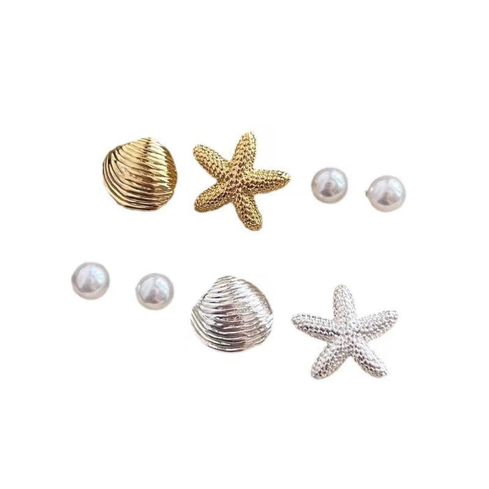 Wholesale S925 Anti-Silver Starfish Shell Pearl Earrings Women's Four-Piece Set