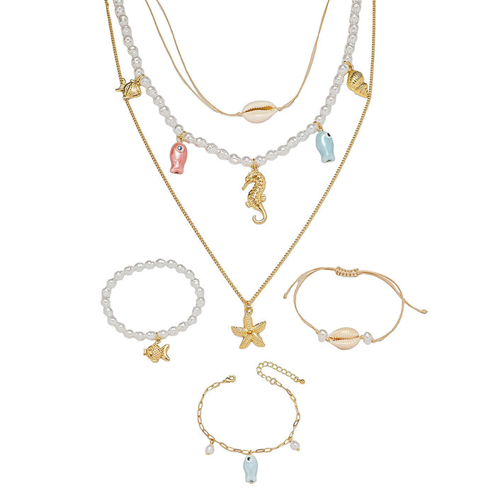 Wholesale Starfish Shell Fish Multi layer Necklace Women's Pendant Necklace Bracelet Necklace Set