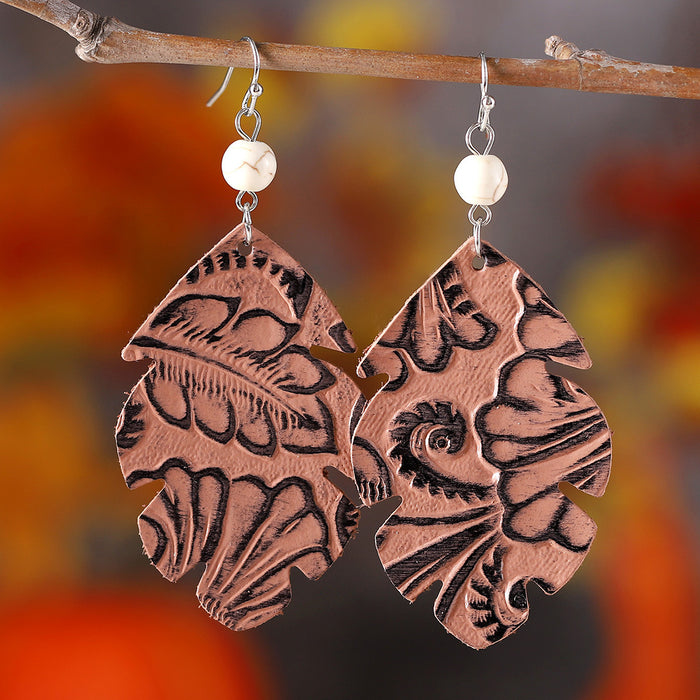 Wholesale Leather Bohemian Leaf Pattern Turquoise ing Earrings Boutique Resale Jewelry