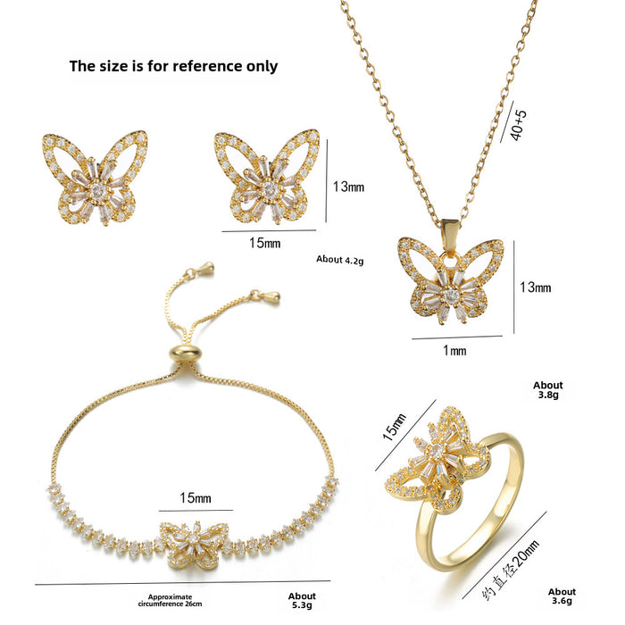 Wholesale Necklace Butterfly Three Piece Set Rotating Earrings Ring Necklace Micro Inlaid Zircon Clavicle Chain