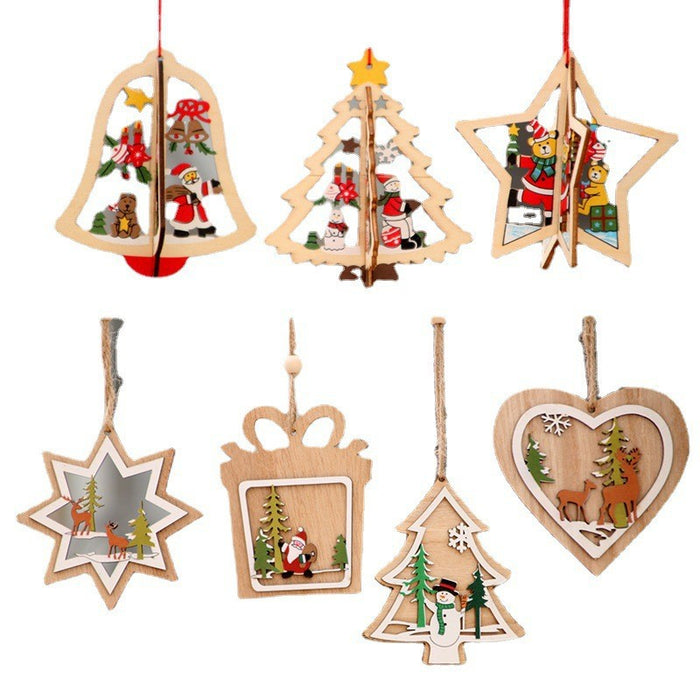 Wholesale Christmas decorations wooden Christmas laser hollow Christmas tree small pendant wooden five-pointed star Bell pendant gift