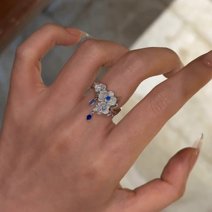 Wholesale Heavy-Duty Blue Sparkling Diamond Hydrangea Ring Retro