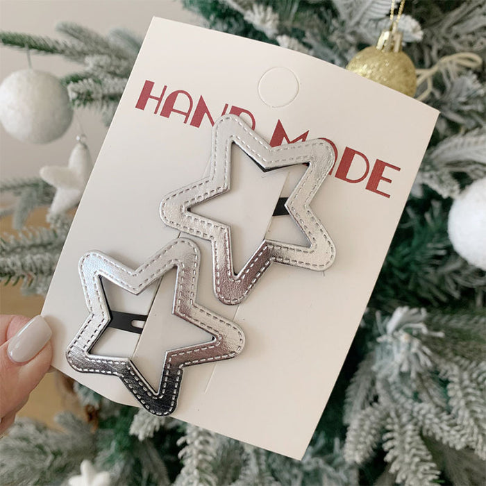 Wholesale Silver leather large pentagram side bangs clip, children's back of the head hair clip, hair accessory