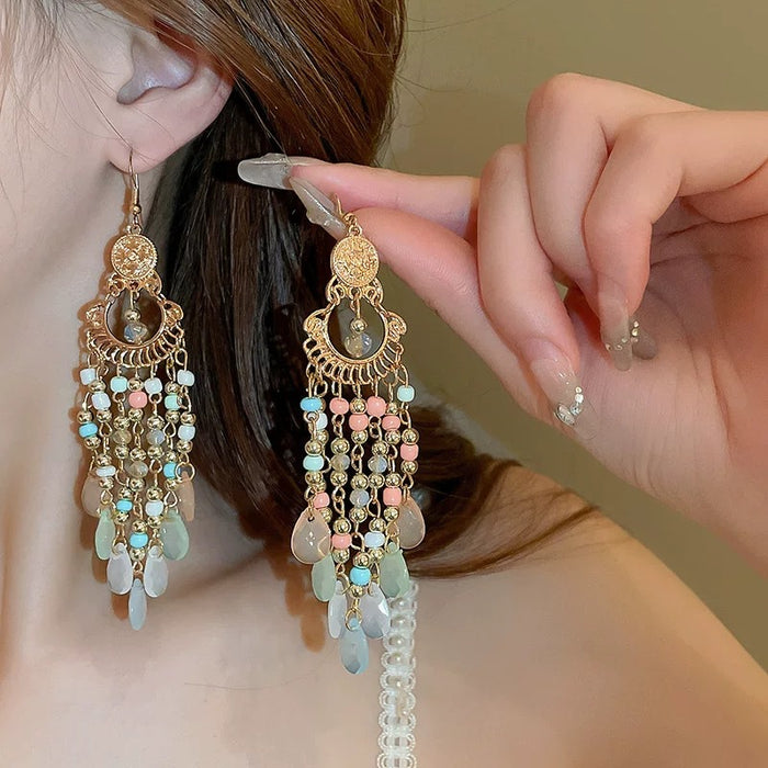 Wholesale Tassel Crystal Beaded Earrings Women's Retro  Ear Hook Ear Jewelry
