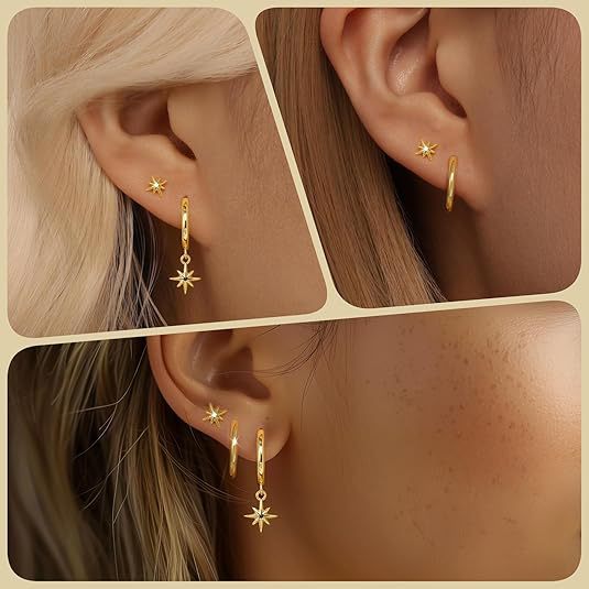 Wholesale New retro niche versatile octagonal star earrings copper plated with real gold temperament fashionable star earrings wholesale