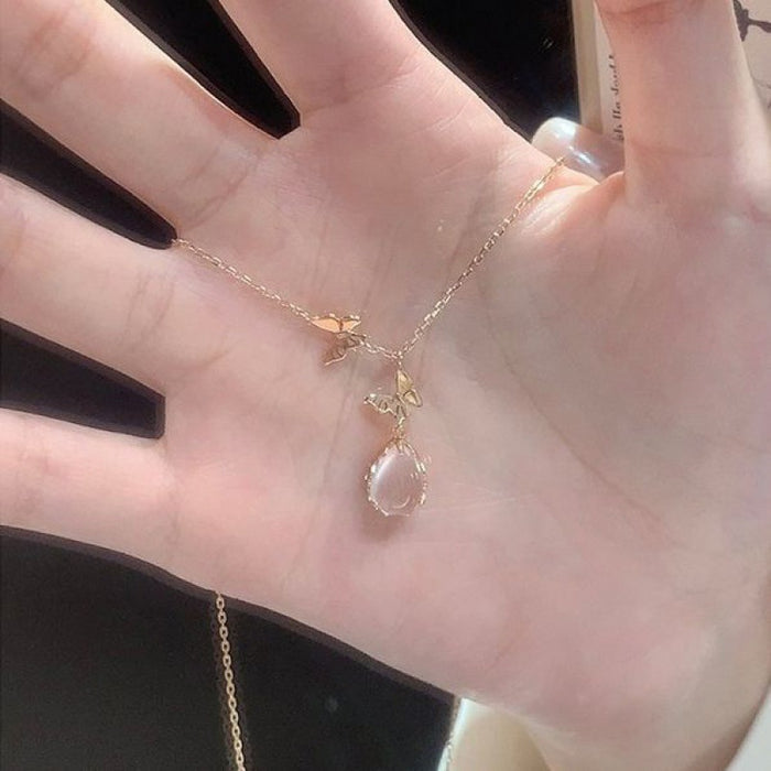 Wholesale New Pink Crystal Butterfly Necklace, Women's Light Luxury Water Drop Pendant, niche design, versatile collarbone chain