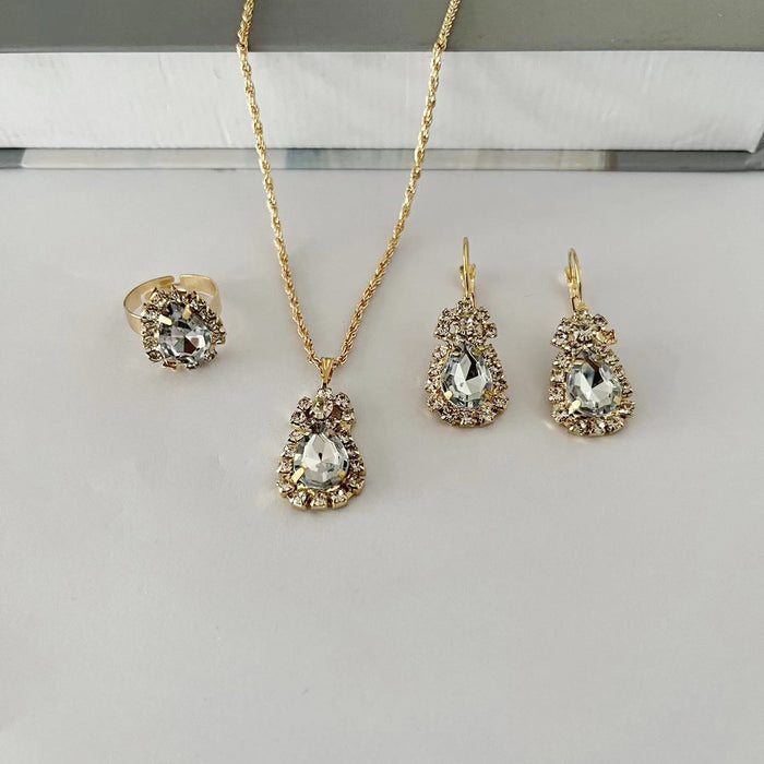 Wholesale Water Drop Love Diamond Set Necklace Earrings Rings Bridal Accessories JDC-NE-AH004