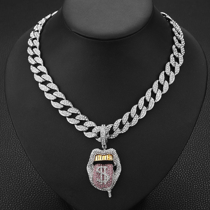 Wholesale Funny 3D Color Diamond Tongue Sticking Skull Pendant Alloy Cuban Necklace JDC-NE-RenQ003