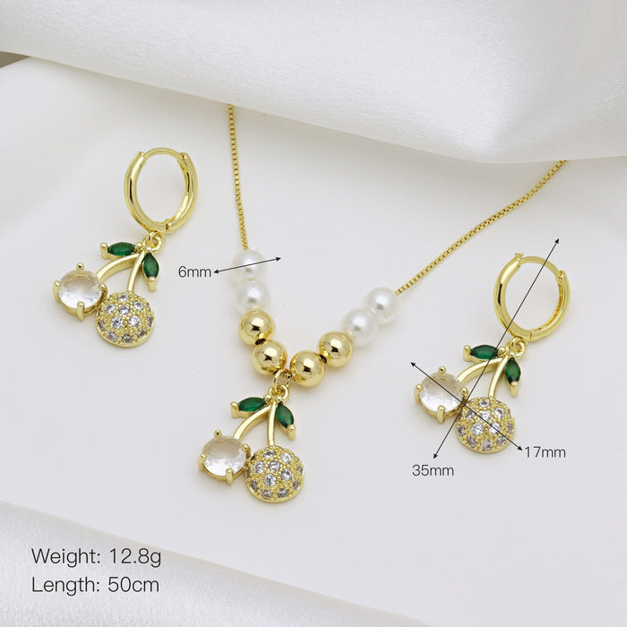 Wholesale Cherry Fruit with Color Zirconium Earrings Necklace Combination suit Copper Beads with Pearl