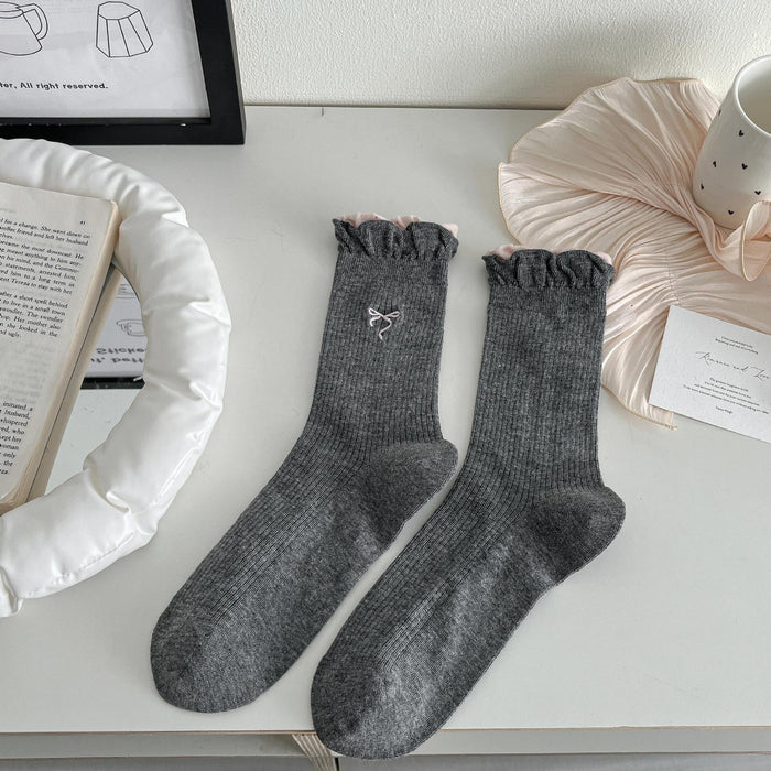 Wholesale Socks, thin, mid tube, antibacterial, hollowed out, butterfly knot embroidered, versatile socks