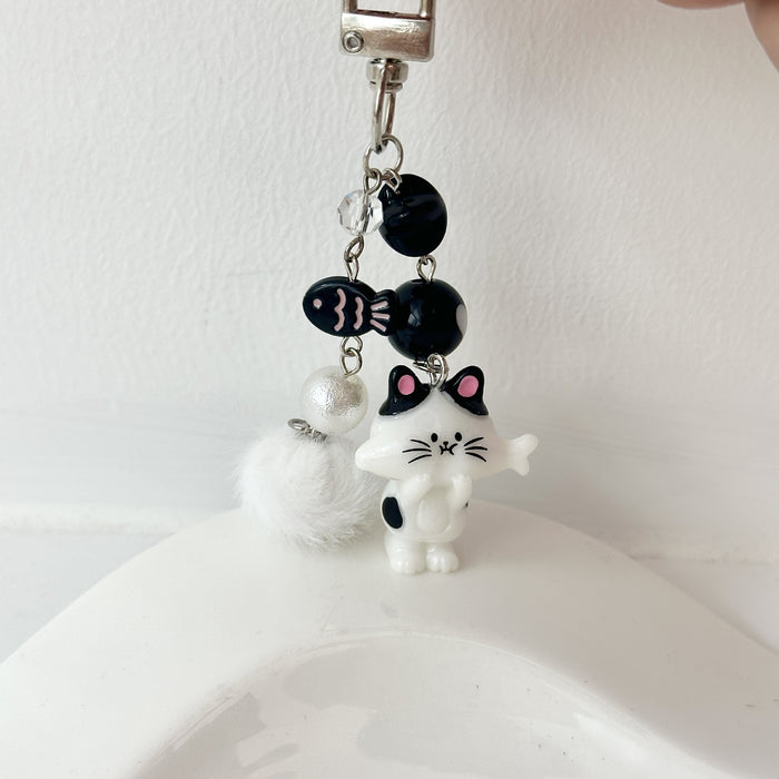 Wholesale Cartoon Loved Cat Keychain Love Hair Ball Beaded Mobile Phone Chain Backpack Hanging