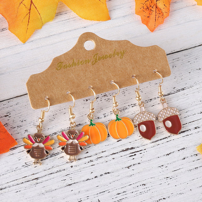 Wholesale Thanksgiving Turkey Pumpkin Earring Set Creative Sandwich Pine Cone Oil Drop Jewelry for Women