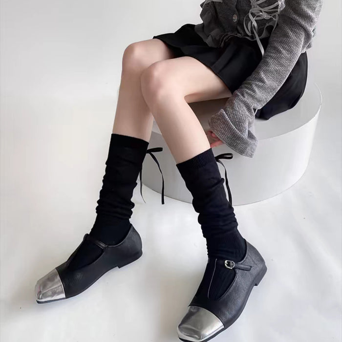 Wholesale Ballet style bow socks with stripes, mid tube pile socks, long tube socks