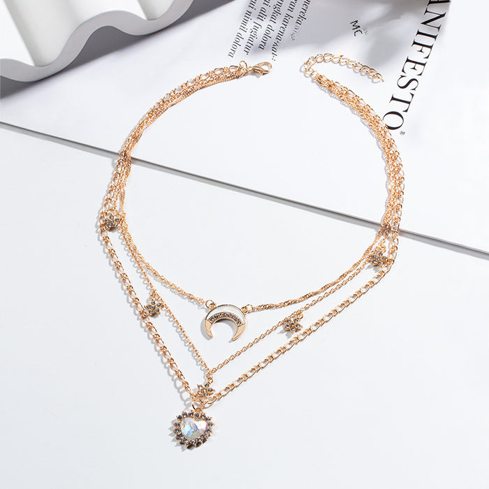 Wholesale Alloy New Product Jewelry Fashion Personality Love Moon Crystal Necklace Street Photography Multi layer Necklace