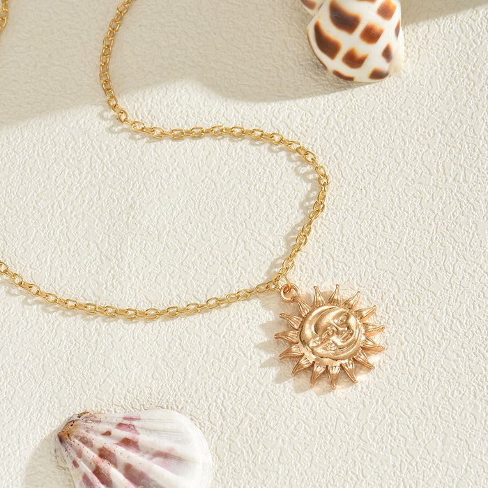 Wholesale Retro and minimalist sunflower pendant, personalized and trendy, ultra long and stackable design, touching face necklace